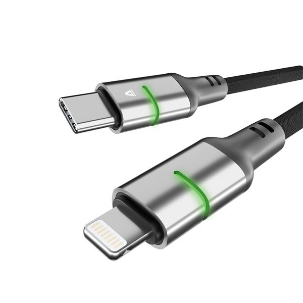 AVAX CB635 STEELY LED 1m 27W USB-C - Lightning fekete fonott gyorstöltő kábel