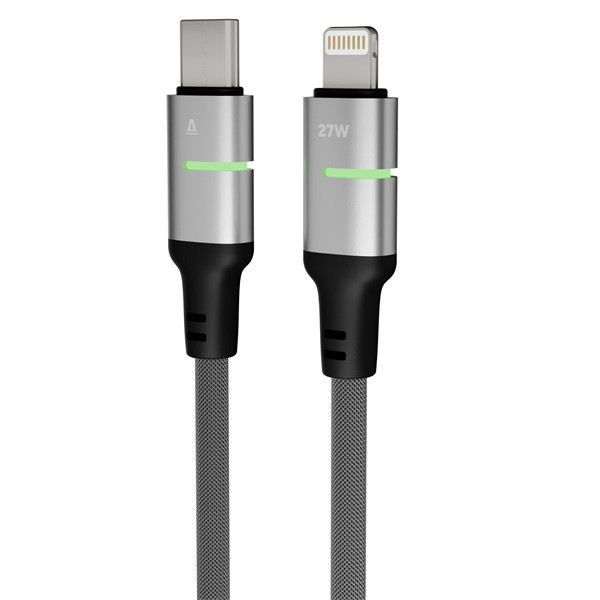 AVAX CB635 STEELY LED 1m 27W USB-C - Lightning fekete fonott gyorstöltő kábel