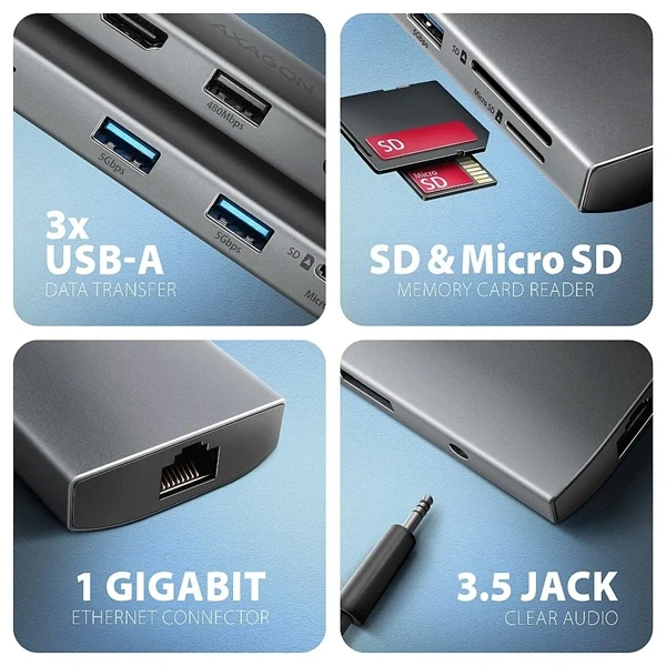 AXAGON HMC-8HLSA USB-C 3.2 Gen 1 3x USB-A + 4K/30Hz HDMI + SD/microSD GLAN Audio PD 100W hub AXAGON HMC-8HLSA USB-C 3.2 Gen 1 3x USB-A + 4K/30Hz HDMI + SD/microSD GLAN Audio PD 100W hub