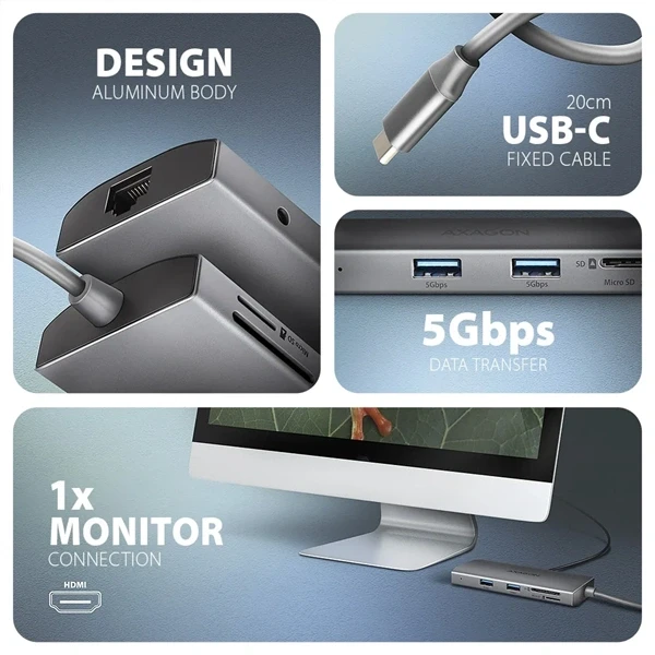 AXAGON HMC-8HLSA USB-C 3.2 Gen 1 3x USB-A + 4K/30Hz HDMI + SD/microSD GLAN Audio PD 100W hub AXAGON HMC-8HLSA USB-C 3.2 Gen 1 3x USB-A + 4K/30Hz HDMI + SD/microSD GLAN Audio PD 100W hub
