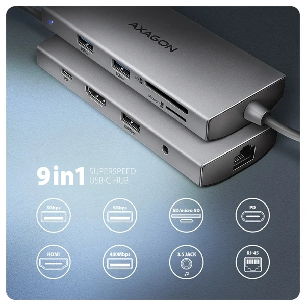 AXAGON HMC-8HLSA USB-C 3.2 Gen 1 3x USB-A + 4K/30Hz HDMI + SD/microSD GLAN Audio PD 100W hub AXAGON HMC-8HLSA USB-C 3.2 Gen 1 3x USB-A + 4K/30Hz HDMI + SD/microSD GLAN Audio PD 100W hub
