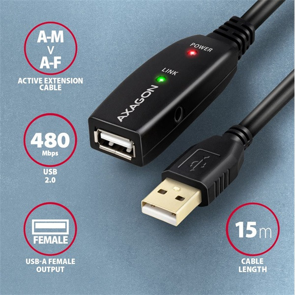 Axagon ADR-215 15m USB 2.0 A apa - anya aktív repeater kábel Axagon ADR-215 15m USB 2.0 A apa - anya aktív repeater kábel