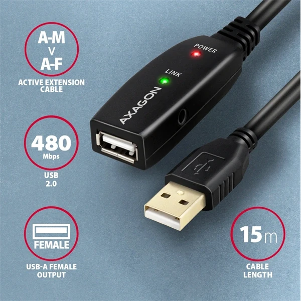 Axagon ADR-215 15m USB 2.0 A apa - anya aktív repeater kábel Axagon ADR-215 15m USB 2.0 A apa - anya aktív repeater kábel