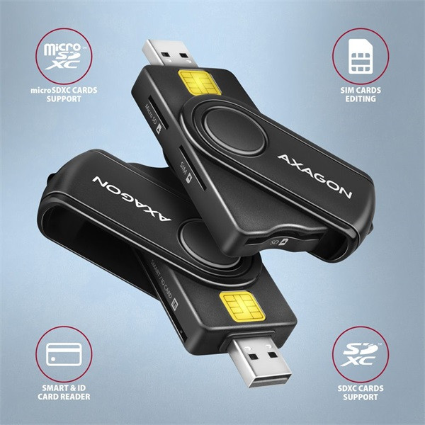 Axagon CRE-SMP2A USB Smart card & SD/microSD/SIM card PocketReader összecsukható okos kártyaolvasó Axagon CRE-SMP2A USB Smart card & SD/microSD/SIM card PocketReader összecsukható okos kártyaolvasó