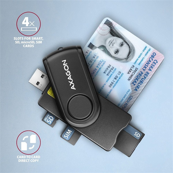 Axagon CRE-SMP2A USB Smart card & SD/microSD/SIM card PocketReader összecsukható okos kártyaolvasó Axagon CRE-SMP2A USB Smart card & SD/microSD/SIM card PocketReader összecsukható okos kártyaolvasó