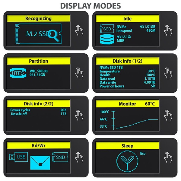 Axagon EEM2-SD2 DISPLAY USB-C 10Gbps M.2 NVMe & SATA SSD külső ház