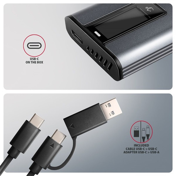 Axagon EEM2-SD2 DISPLAY USB-C 10Gbps M.2 NVMe & SATA SSD külső ház