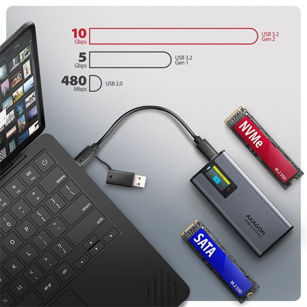 Axagon EEM2-SD2 DISPLAY USB-C 10Gbps M.2 NVMe & SATA SSD külső ház