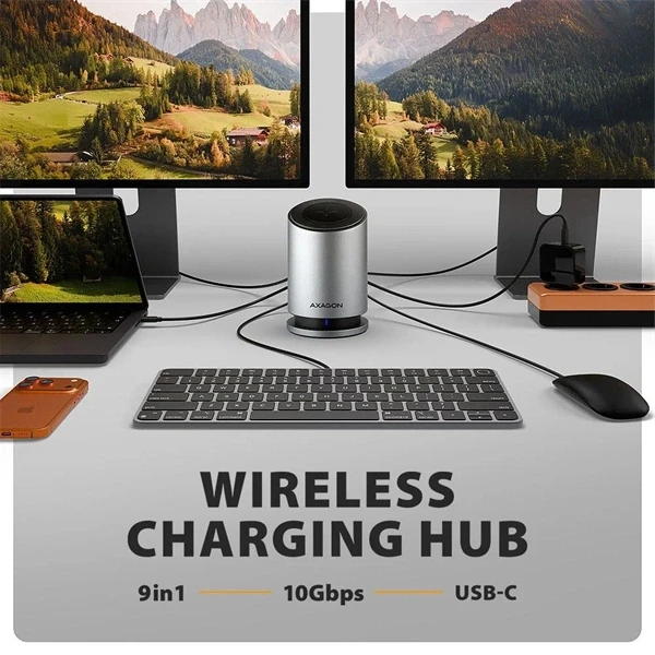 Axagon HMC-WL9 USB-C 10 Gbps 9in1 hub vezeték nélküli töltéssel