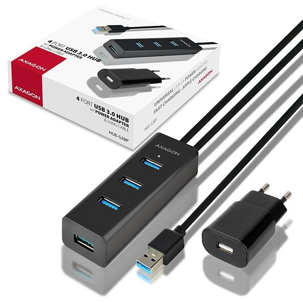 Axagon HUE-S2BP 4 portos USB3.0 gyorstöltő hosszú kábeles HUB tápegységgel Axagon HUE-S2BP 4 portos USB3.0 gyorstöltő hosszú kábeles HUB tápegységgel
