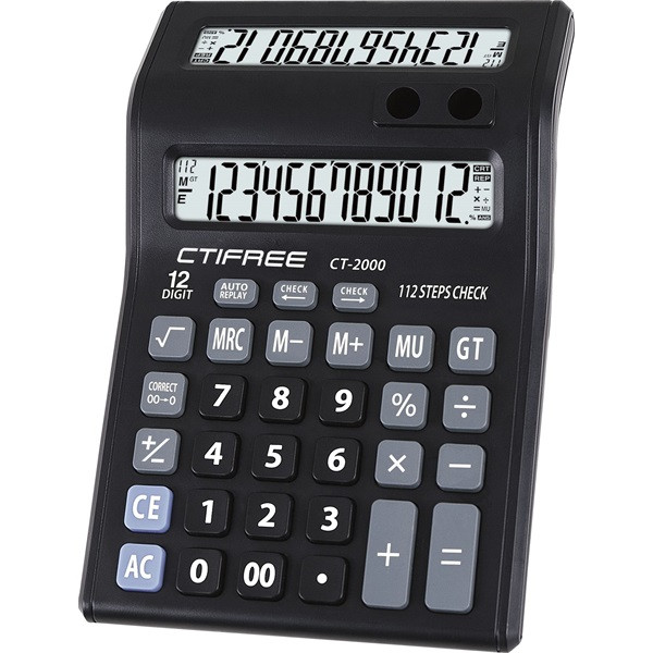 CTIFREE CT-2000 duál kijelzős fekete számológép, 135x195mm, 12 számjegy