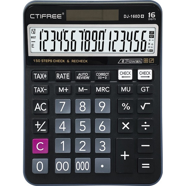 CTIFREE DJ-160Dplus fekete számológép, 145x190mm, 16 számjegy, TAX funkció, dual power