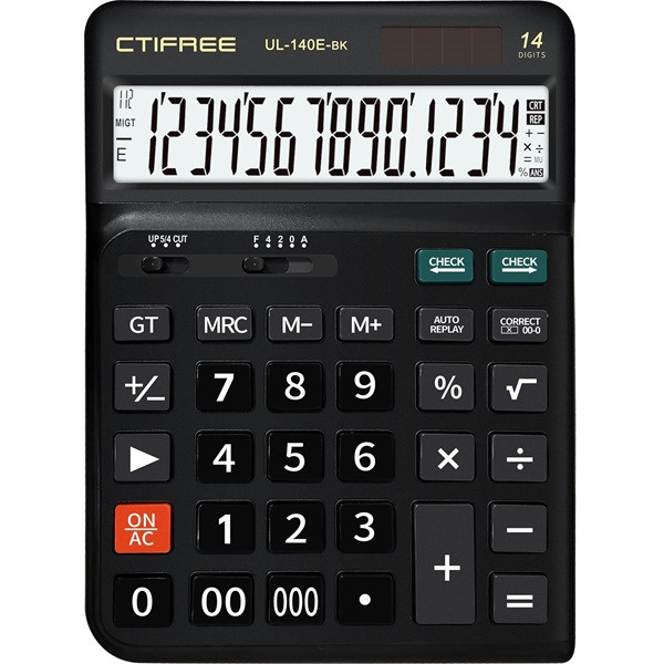 CTIFREE CT-140E-BK fekete ergonómikus számológép, 145x198mm, 14 számjegy, dual power