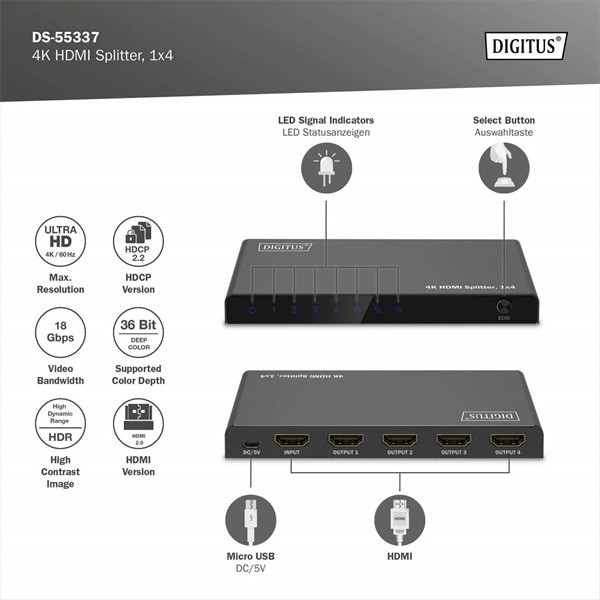 DIGITUS DS-55337 4 portos 4K/60Hz HDMI splitter DIGITUS DS-55337 4 portos 4K/60Hz HDMI splitter