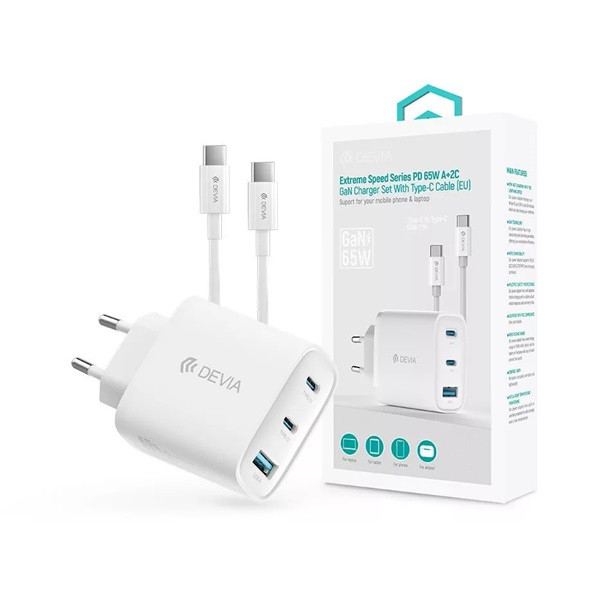 Devia ST111967 Extreme Speed Series 65W GaN PD fehér hálózati gyorstöltő adapter + USB-C+USB-C kábel
