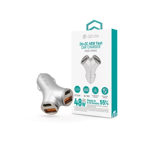 Devia ST112537 Smart Series 48W PD+QC 2xUSB+2xType-C ezüst autós gyorstöltő