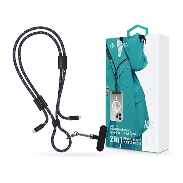 Devia ST125001 Cable Pro5 Woven 1,6m 27W PD Type-C - Lightning kék adat- és töltőkábel + nyakpánt