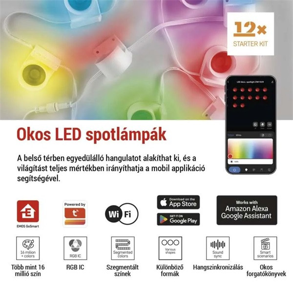 Emos GoSmart 255 cm-es lánc, 12 rész, 7 W, RGBIC+CCT, dimmelhető, WiFi LED reflektor