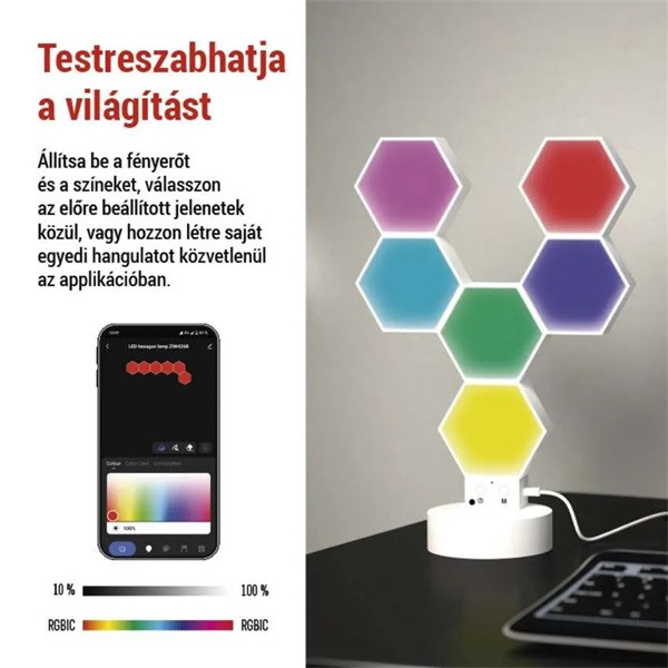 Emos GoSmart Hexagon fehér, 6 részből álló, RGBIC dimmelhető, WiFi LED asztali lámpa