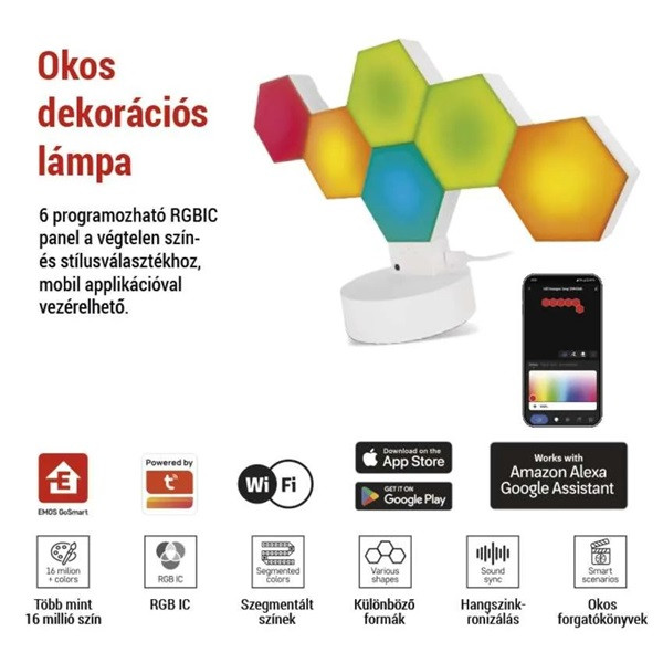 Emos GoSmart Hexagon fehér, 6 részből álló, RGBIC dimmelhető, WiFi LED asztali lámpa