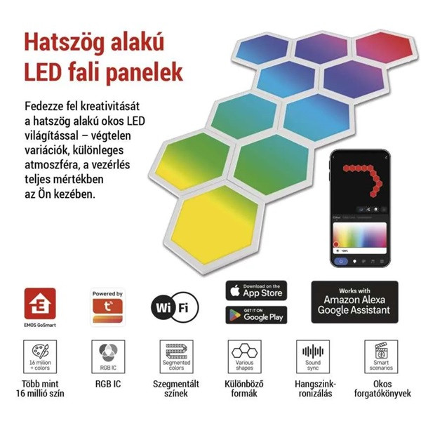 Emos GoSmart Hexagon, indító készlet, 10 rész, 19 W, RGBIC dimmelhető, WiFi LED lámpa