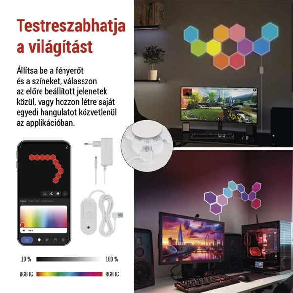Emos GoSmart Hexagon, indító készlet, 10 rész, 19 W, RGBIC dimmelhető, WiFi LED lámpa