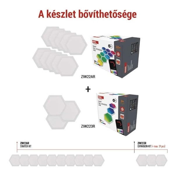 Emos GoSmart Hexagon, kiegészítő készlet,3 rész, 1,8 W, RGBIC dimmelhető, WiFi LED lámpa
