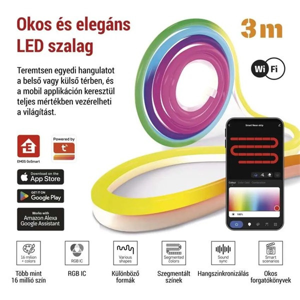 Emos GoSmart NEON fehér, 3 m, 24 W, RGBIC dimmelhető, WiFi LED szalag