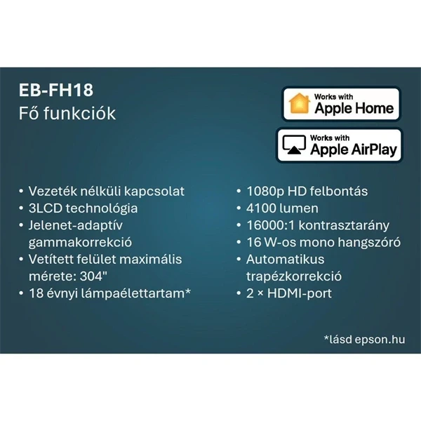 Epson EB-FH18 Full HD 4100AL HDMI/USB/WiFi/Apple AirPlay 2 3LCD projektor Epson EB-FH18 Full HD 4100AL HDMI/USB/WiFi/Apple AirPlay 2 3LCD projektor