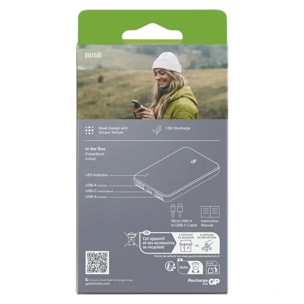 GP B+ Series, 5 000 mAh, 12 W, zöldesszürke powerbank