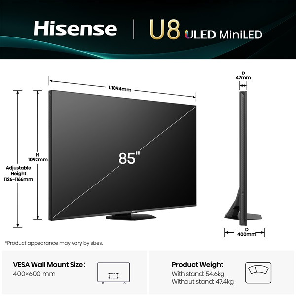 Hisense 85" 85U8Q 4K UHD Smart MiniLED ULED TV