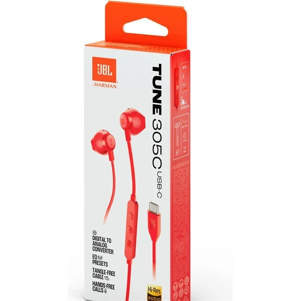 JBL T 305 C RED vezetékes USB C mikrofonos piros fülhallgató