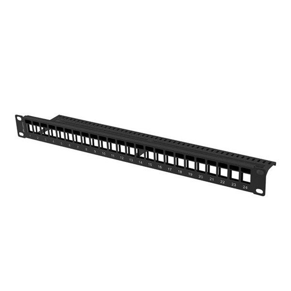 Lanberg PPKS-1024-B 19"/1U üres fekete patch panel 24 db Keystone jack fogadására, kábeltartóval