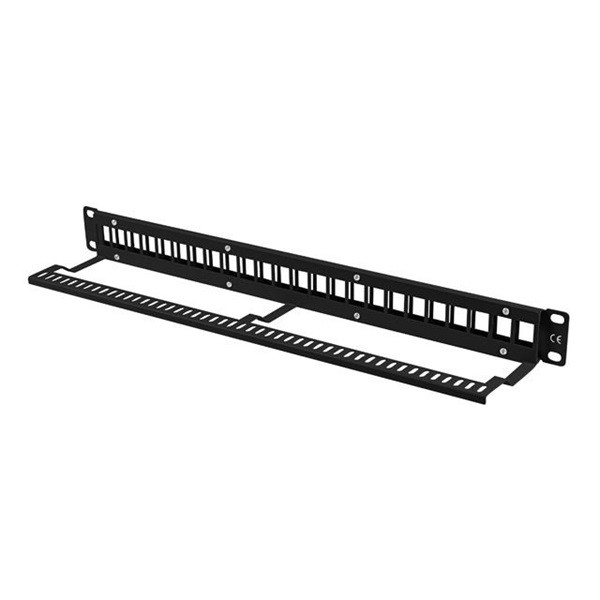 Lanberg PPKS-1024-B 19"/1U üres fekete patch panel 24 db Keystone jack fogadására, kábeltartóval