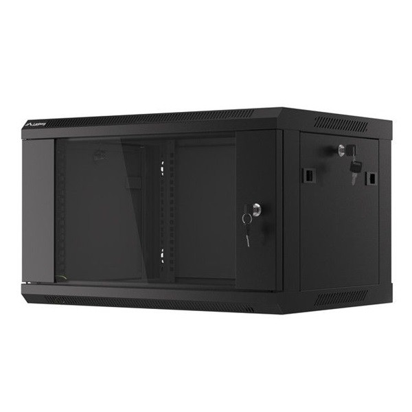 Lanberg WF01-6406-10B 19" 6U SZÉL:600 MÉLY:450 MAG:379 lapraszerelt üvegajtós fekete fali rack szekrény
