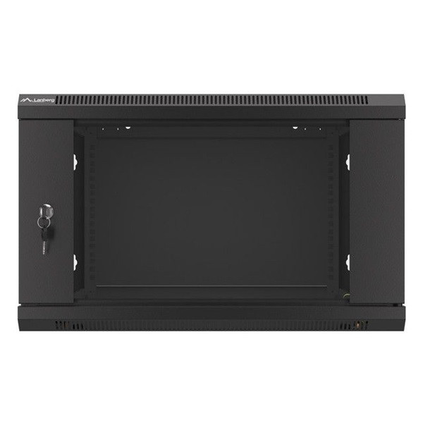 Lanberg WF01-6606-10B 19" 6U SZÉL:600 MÉLY:600 MAG:379 lapraszerelt üvegajtós fekete fali rack szekrény