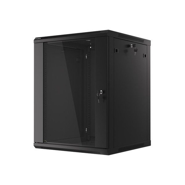 Lanberg WF01-6615-10B 19" 15U SZÉL:600 MÉLY:600 MAG:774 lapraszerelt üvegajtós fekete fali rack szekrény