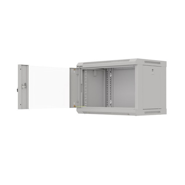 Lanberg WF03-5306-10S 19" 6U SZÉL:540mm MÉLY:350mm MAG:370mm lapraszerelt üvegajtós szürke fali rack szekrény