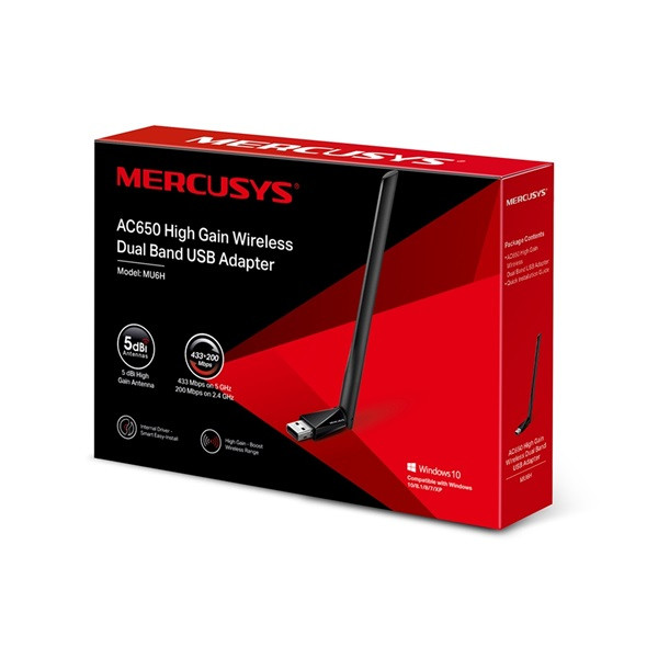 Mercusys MU6H AC650 High Gain vezeték nélküli Dual Band fekete USB adapter