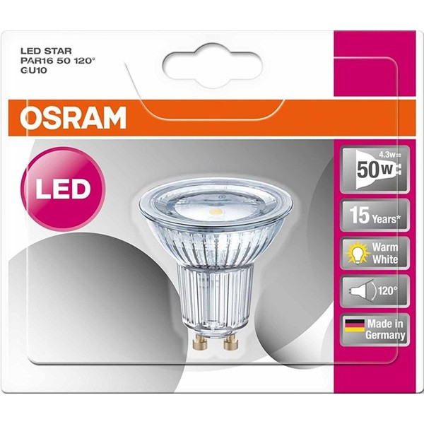 Osram Star PAR16 üveg ház/4,3W/350lm/2700K/GU10/230V/120fok/81lm/W LED spot izzó Osram Star PAR16 üveg ház/4,3W/350lm/2700K/GU10/230V/120fok/81lm/W LED spot izzó