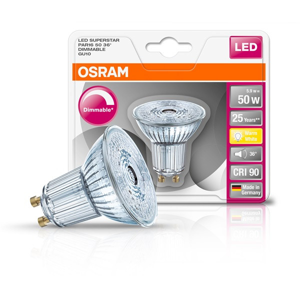 Osram Superstar PAR16 üveg ház/5,5W/350lm/2700K/GU10/230V dimmelhető LED spot izzó Osram Superstar PAR16 üveg ház/5,5W/350lm/2700K/GU10/230V dimmelhető LED spot izzó
