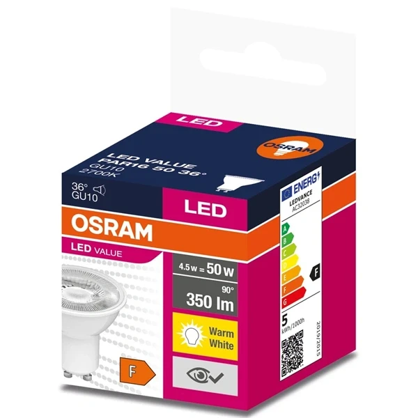 Osram Value PAR16 műanyag ház/5W/350lm/2700K/GU10/230V/36fok/70lm/W LED spot izzó Osram Value PAR16 műanyag ház/5W/350lm/2700K/GU10/230V/36fok/70lm/W LED spot izzó