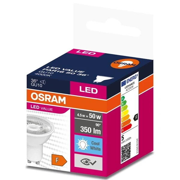 Osram Value PAR16 műanyag ház/5W/350lm/4000K/GU10/230V/36fok/70lm/W LED spot izzó Osram Value PAR16 műanyag ház/5W/350lm/4000K/GU10/230V/36fok/70lm/W LED spot izzó