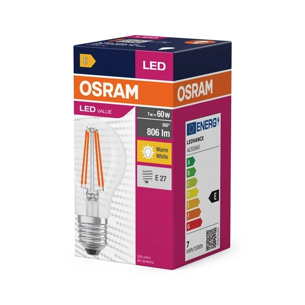 Osram Value átlátszó üveg búra/7W/806lm/2700K/E27 LED körte izzó