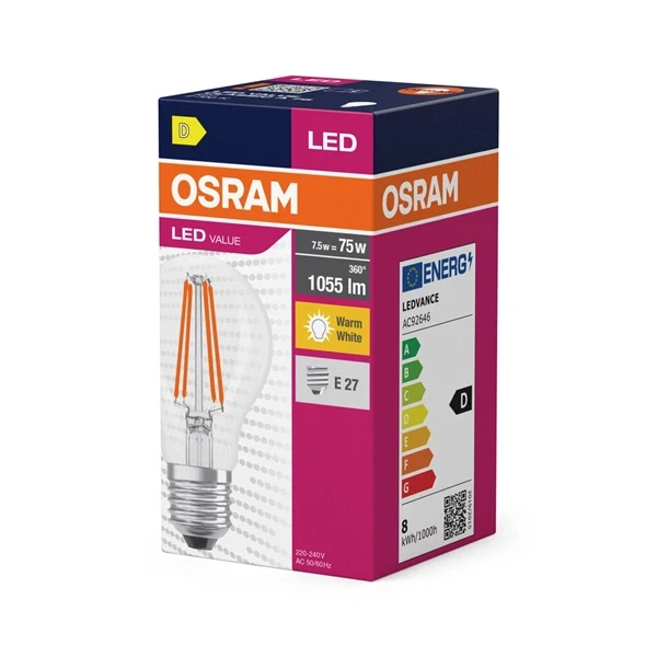 Osram Value átlátszó üveg búra/7,5W/1055lm/2700K/E27 LED körte izzó