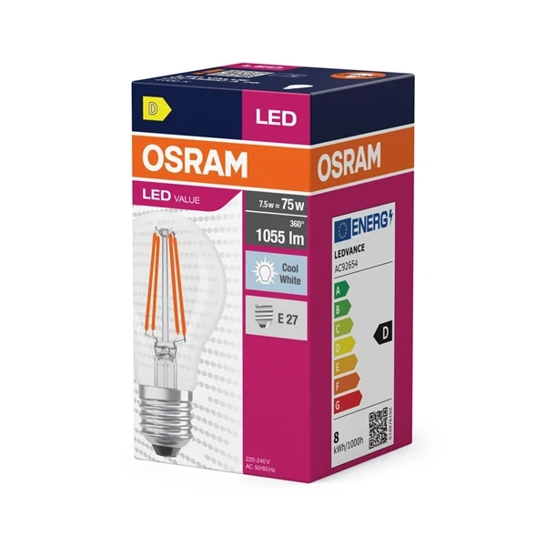 Osram Value átlátszó üveg búra/7,5W/1055lm/4000K/E27 LED körte izzó Osram Value átlátszó üveg búra/7,5W/1055lm/4000K/E27 LED körte izzó
