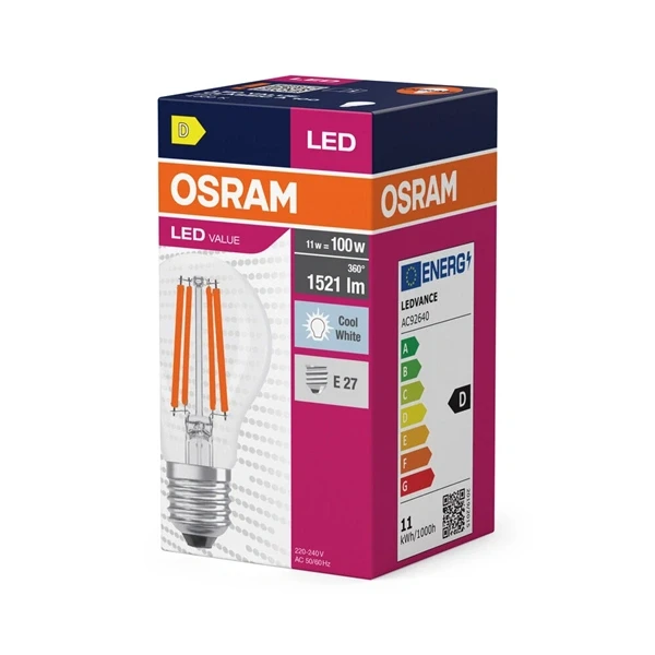 Osram Value átlátszó üveg búra E27 11W, 1521m, 4000K hideg fehér LED körte izzó