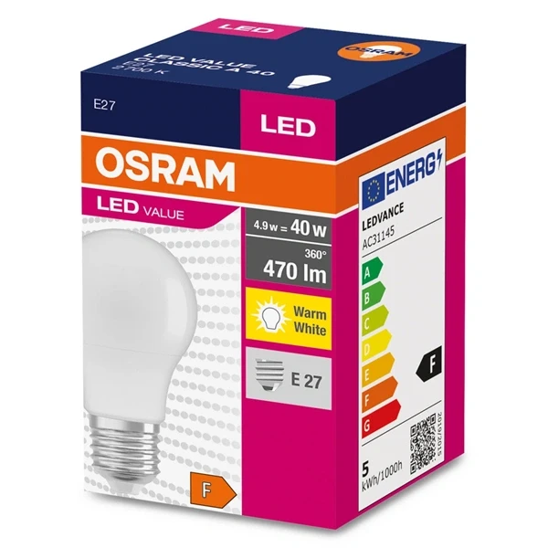 Osram Value opál búra/5,5W/470lm/2700K/E27 LED körte izzó