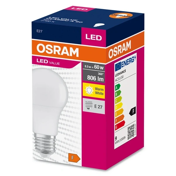Osram Value opál búra/8,5W/806lm/2700K/E27 LED körte izzó