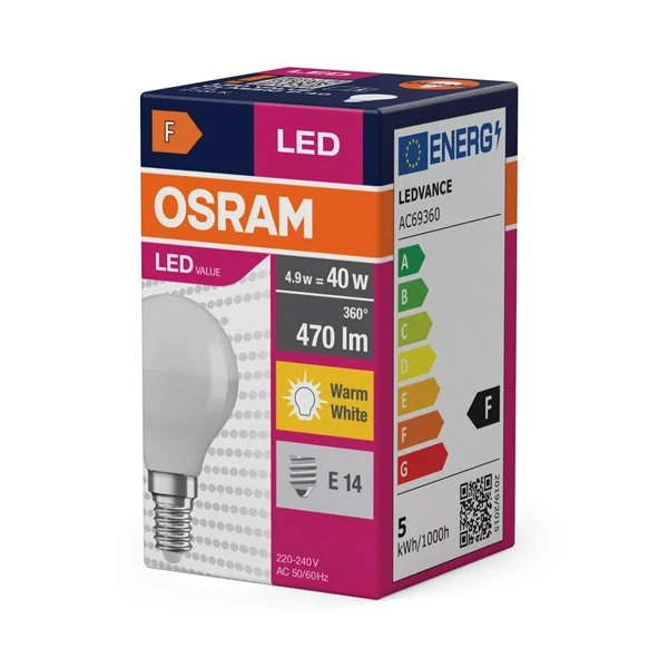 Osram Value opál meleg fehér/5W/470lm/2700K/E14 LED kisgömb izzó